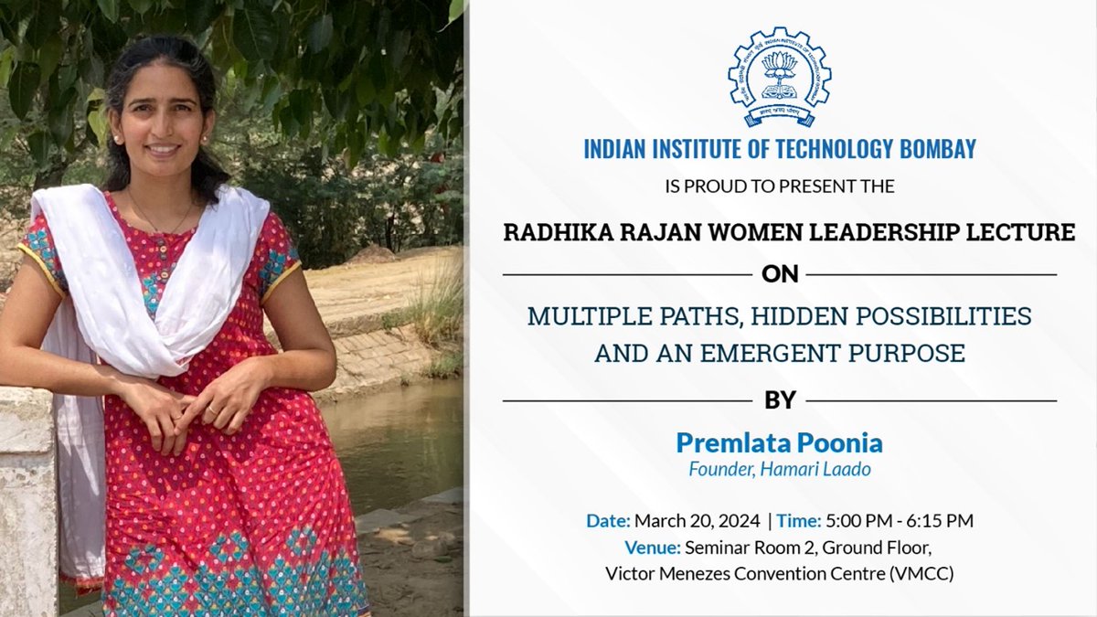 As part of the Radhika Rajan Lecture series, Ms. Premlata Poonia, Founder of Hamari Laado shares insights on her academic & professional career and about her mission - 'Change, one girl at a time!' Tune in at 5:00 pm on Mar 20, 2024 here: youtube.com/c/IITBombayOff…