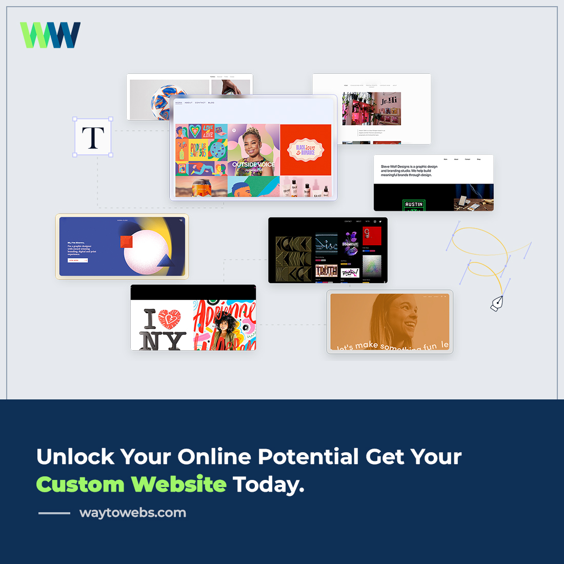 Unlock Your Online Potential, Get Your Custom Website Today! #WebDesign #WebDevelopment #DigitalAgency #CustomWebsites #OnlinePresence #UXDesign #UIUX #ResponsiveDesign #EcommerceSolutions #CreativeWebDesign #CMSDevelopment #WordPress #UI #UX #DigitalTransformation #Waytowebs