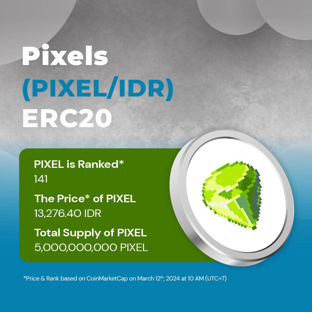 We are pleased to announce a new Crypto Asset that will be added to INDODAX  marketplace, Pixels (PIXEL) @pixels_online Deposit starts on March 20th,  2024, at 2 PM Trading starts on March