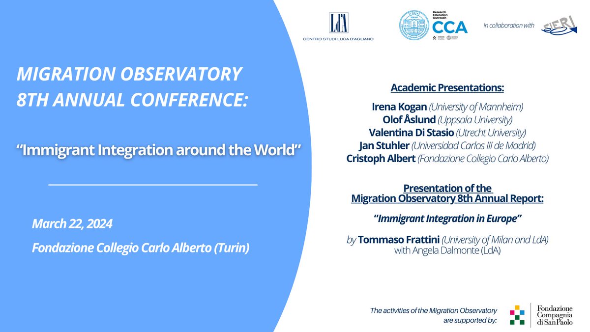 The 8th #Migration Observatory Annual Conference 'Immigrant Integration around the World' will take place next Friday 22nd March in Turin, @CollegioCA. 👇 To register for the event, go to: eventbrite.it/e/immigrant-in… Or you can sign up to follow online: us02web.zoom.us/webinar/regist…