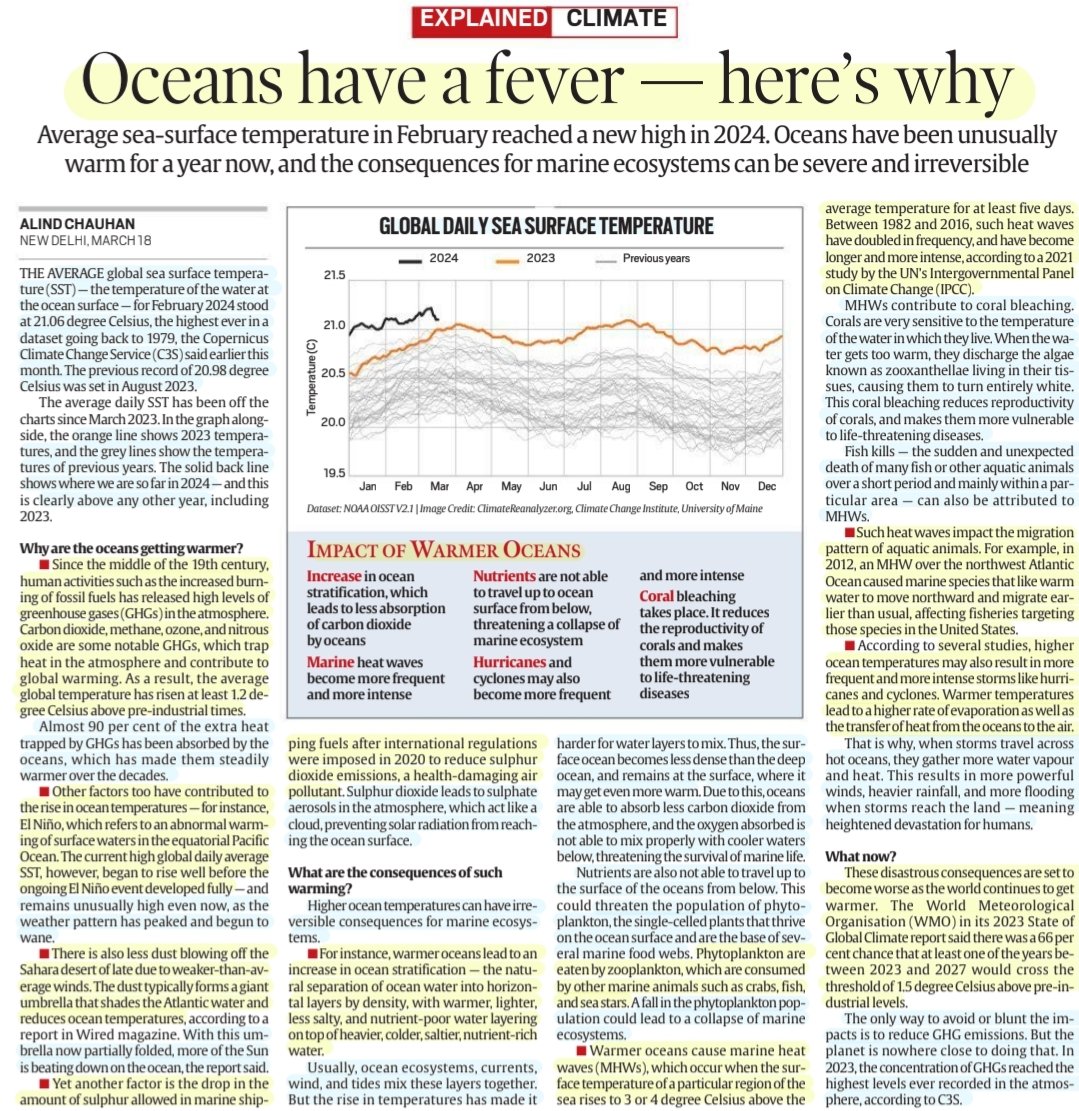 'Oceans have a fever- here's Why'

:An Insightful article by Sh Alind Chauhan
@alindchauhan

#OceanWarming ,Sea surface Temperature📈 reasons,#greenhouse gases, impact & more info

#MarineHeatWaves #MHW #Marine #ecosystem
#GlobalWarming #ClimateCrisis

#UPSC 
GSpaper 3

Source:IE