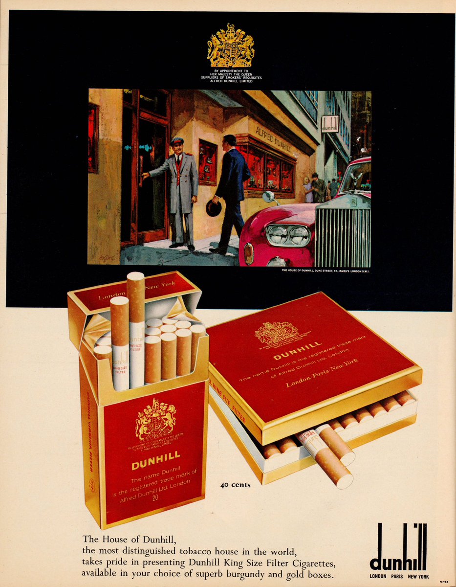 The House of Dunhill, the most distinguished tobacco house in the world,  takes pride in presenting Dunhill King Size Filter Cigarettes, available in  your choice of superb burgundy and gold boxes.