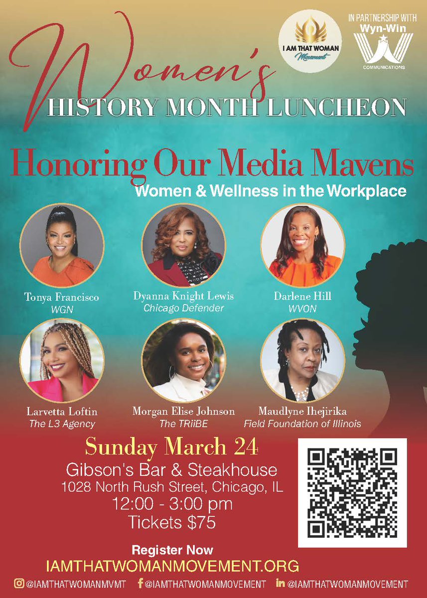 We're happy to see our President Emeritus, @maudlynei, among the honorees at this luncheon celebrating #Chicago's media mavens! She'll join @TheTRiiBE's @MorganEliseJ, @WVON1690's @darlene_hill & more to discuss the importance of self-care while pursuing a high-profile career. 👇