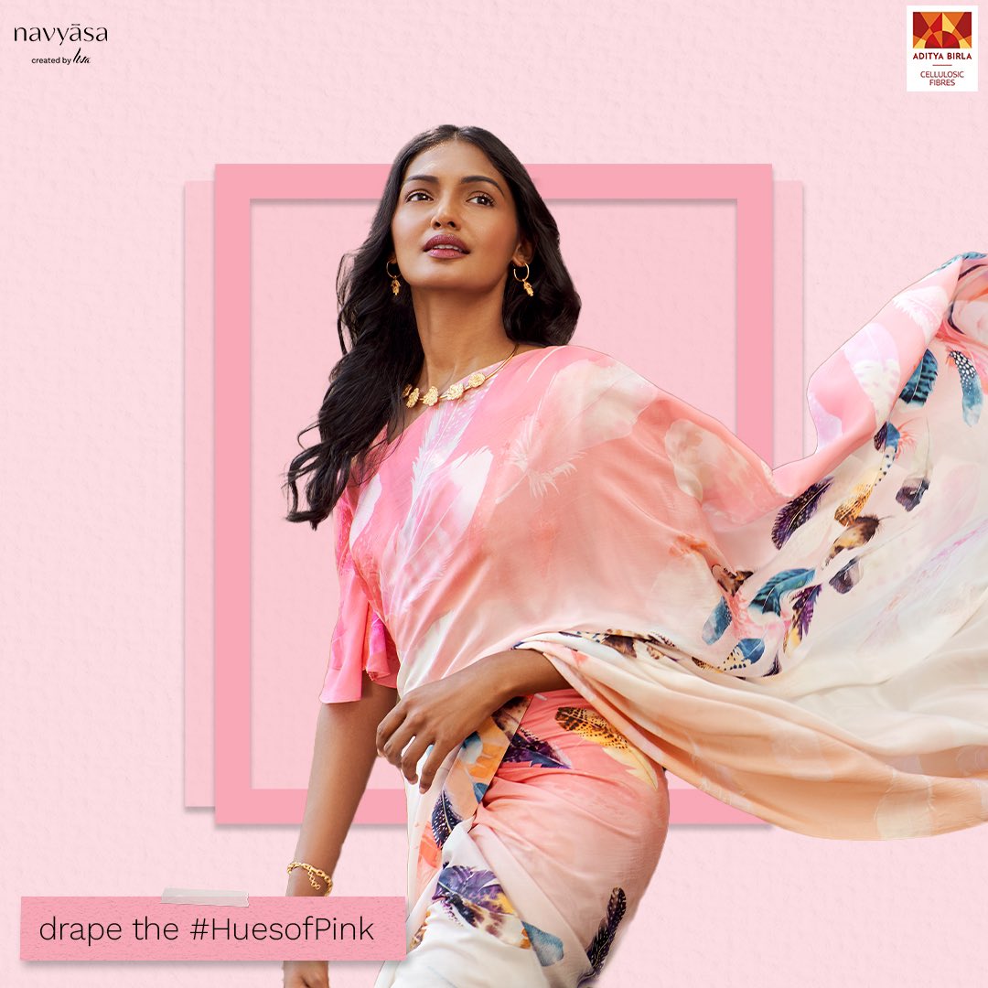 Paint the town pink by flaunting a Navyasa in the #HuesofPink! 💗 Fabric: Liva sheen 'Feather twister saree’ on our website.​ SKU🔍 - 8904401809199 #navyasa #navyasabyliva #sustainablefashion #sareelove #shopnow #HuesofColours