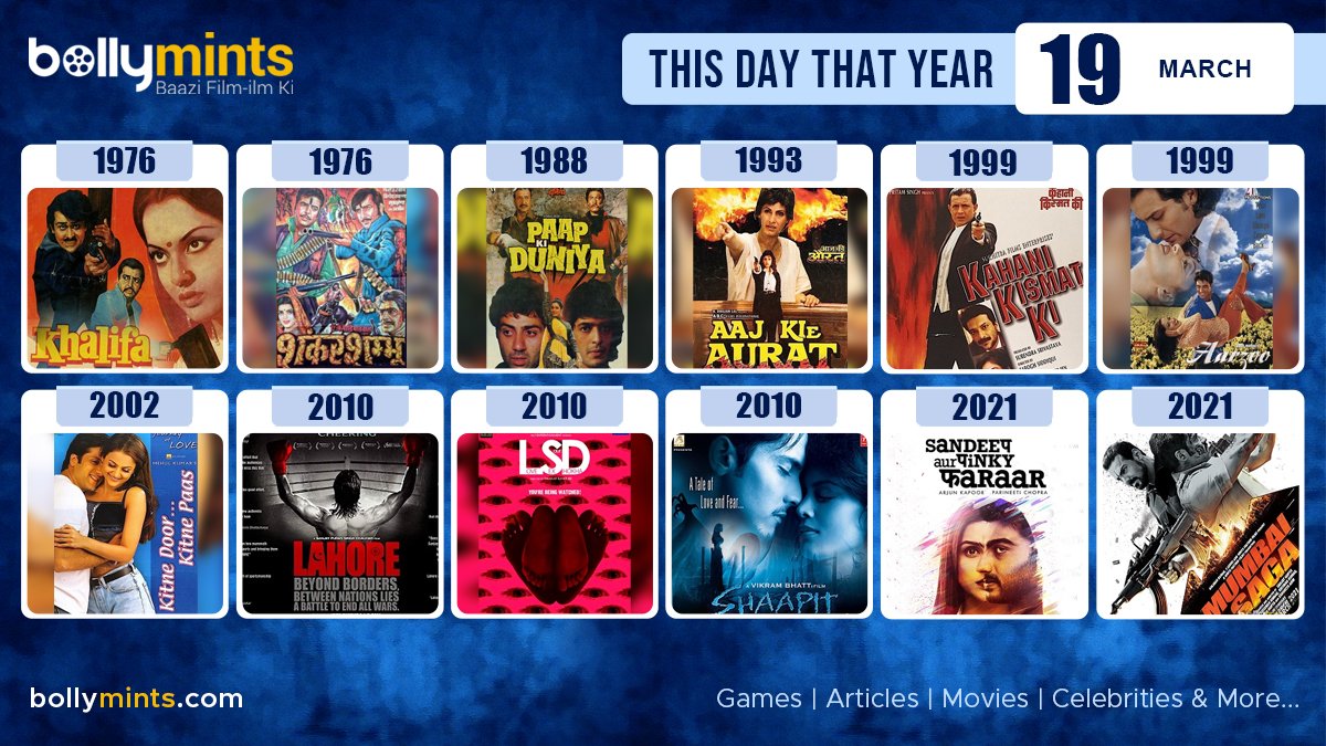 BollyMints's tweet photo. Here are the few #BollywoodMovies released on this day. Stay tuned at https://t.co/ohKmuyqHCy for #updates #ThisDayThatYear #19March #Khalifa #ShankarShambhu #AajKieAurat #KahaniKismatKi #Aarzoo #KitneDoorKitnePaas #Lahore #LSD #Shaapit #SandeepAurPinkyFaraar #MumbaiSaga https://t.co/BCscHPPE0p
