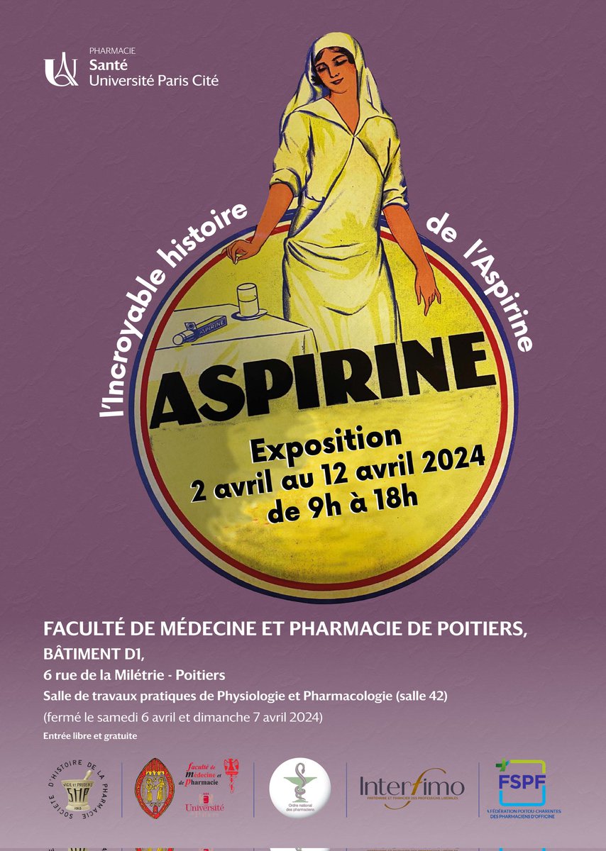 Notre exposition "L'incroyable histoire de l'aspirine" poursuit son itinérance. Après la faculté de pharmacie de Paris-cité, la faculté de pharmacie de Toulouse et le château de Monts-sur-Guesnes, prochaine étape à la faculté de pharmacie de Poitiers !

RDV du 2 au 12 avril !