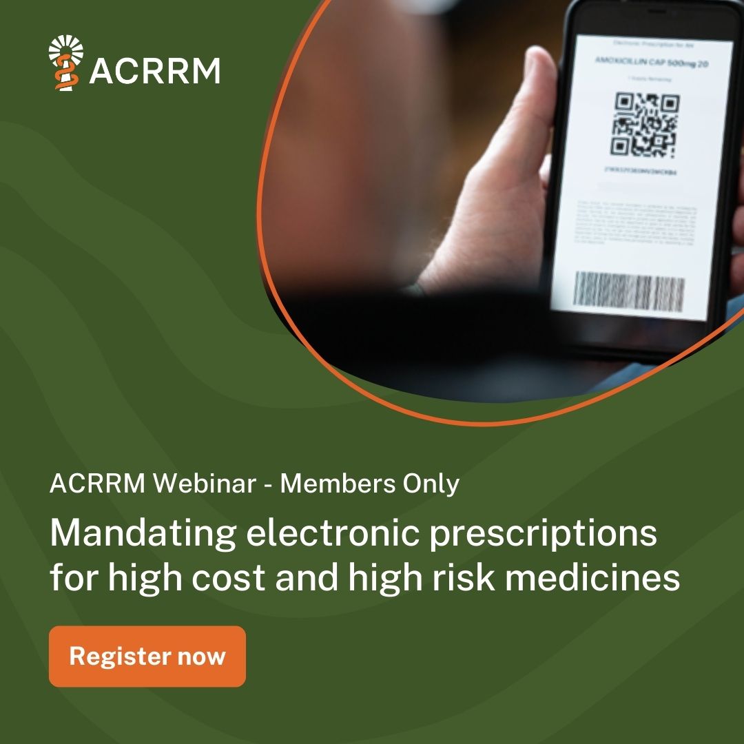 Don't miss ACRRM's member only webinar on Tuesday 26 March, 7pm AEST, that will delve into the government's plans to make electronic prescriptions mandatory for high cost and high risk medicines. Register today:bit.ly/3v7JfM5 #eperscriptions