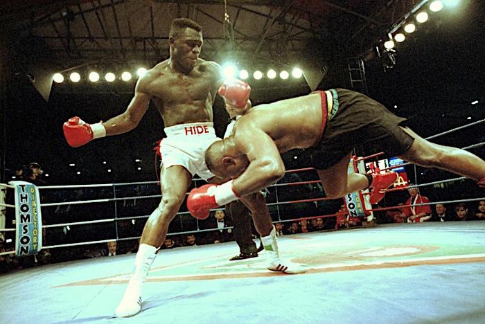 'Dancing Destroyer' Herbie Hide won the WBO heavyweight title with a 7th round KO of Michael Bentt in London, England #OnThisDay in 1994. Hide dominated and stung Bentt more before a series of right hands sent Bentt sprawling, and he couldn't beat the count. (📸 Sean Dempsey)