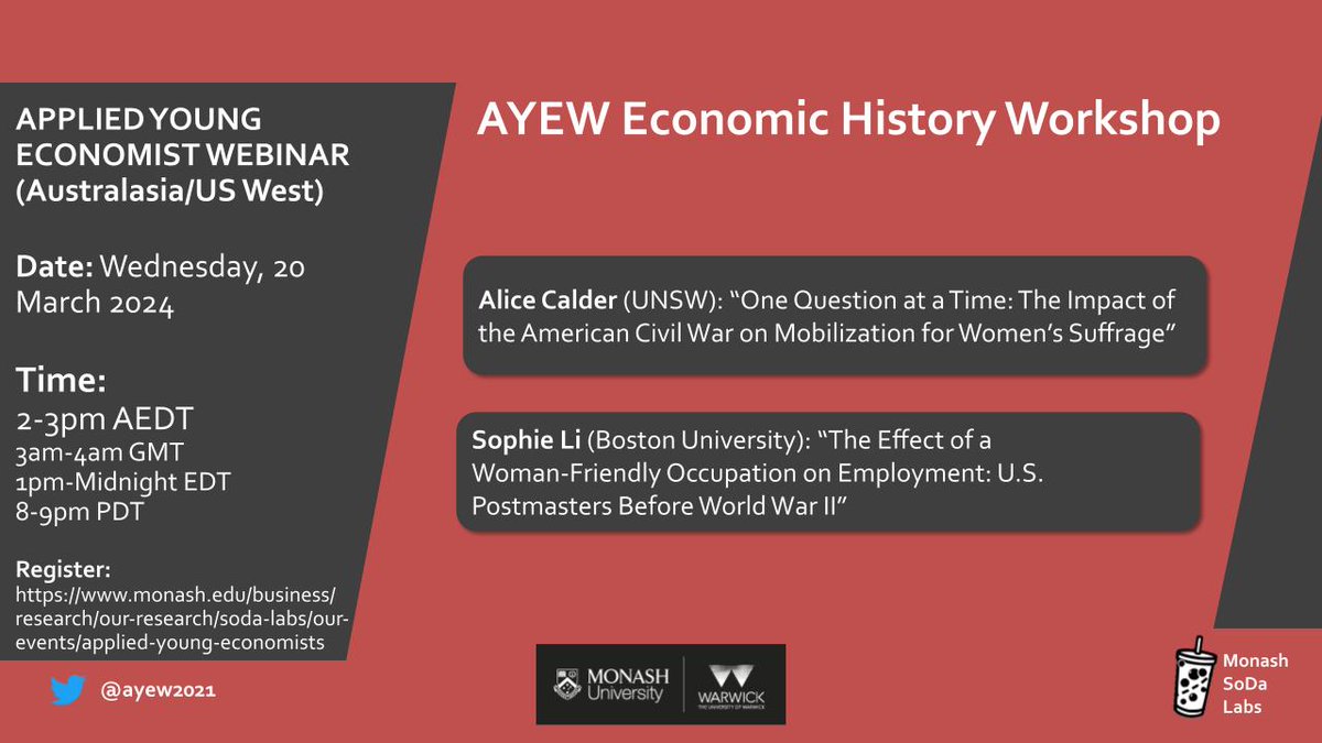 Join us TOMORROW (20 March) for the Economic History Workshop at 2:00pm AEDT to listen to Alice Calder (UNSW) and Sophie Li (Boston) @AliceCalder @UNSW @sophieli_econ @bu_economics ) Sign up for Zoom details: monash.edu/business/impac…