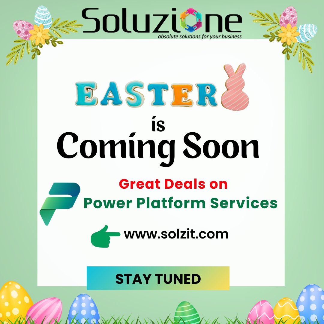 🌸 Exciting Easter Offer Alert! 🌸

Get ready for amazing discounts on Power Platform Services.

Stay tuned for the official launch next week! 🚀

For more information, visit our website: solzit.com/power-platform/

#easteroffer #eastercoming #powerplatform #powerapps  #soluzione