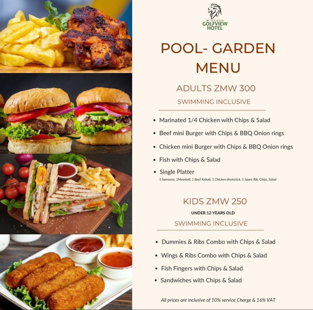 When the sun is out to play, M’Kango Golfview has a place for you See and Save our pool side food menu🍽️ Order your drinks from the Chatters bar. 📍 Plot 10247, Great East Road. Munali. Lusaka, Zambia. #mkangogolfviewhotel #servingyouwithpride #nshima #explore #explorezambia