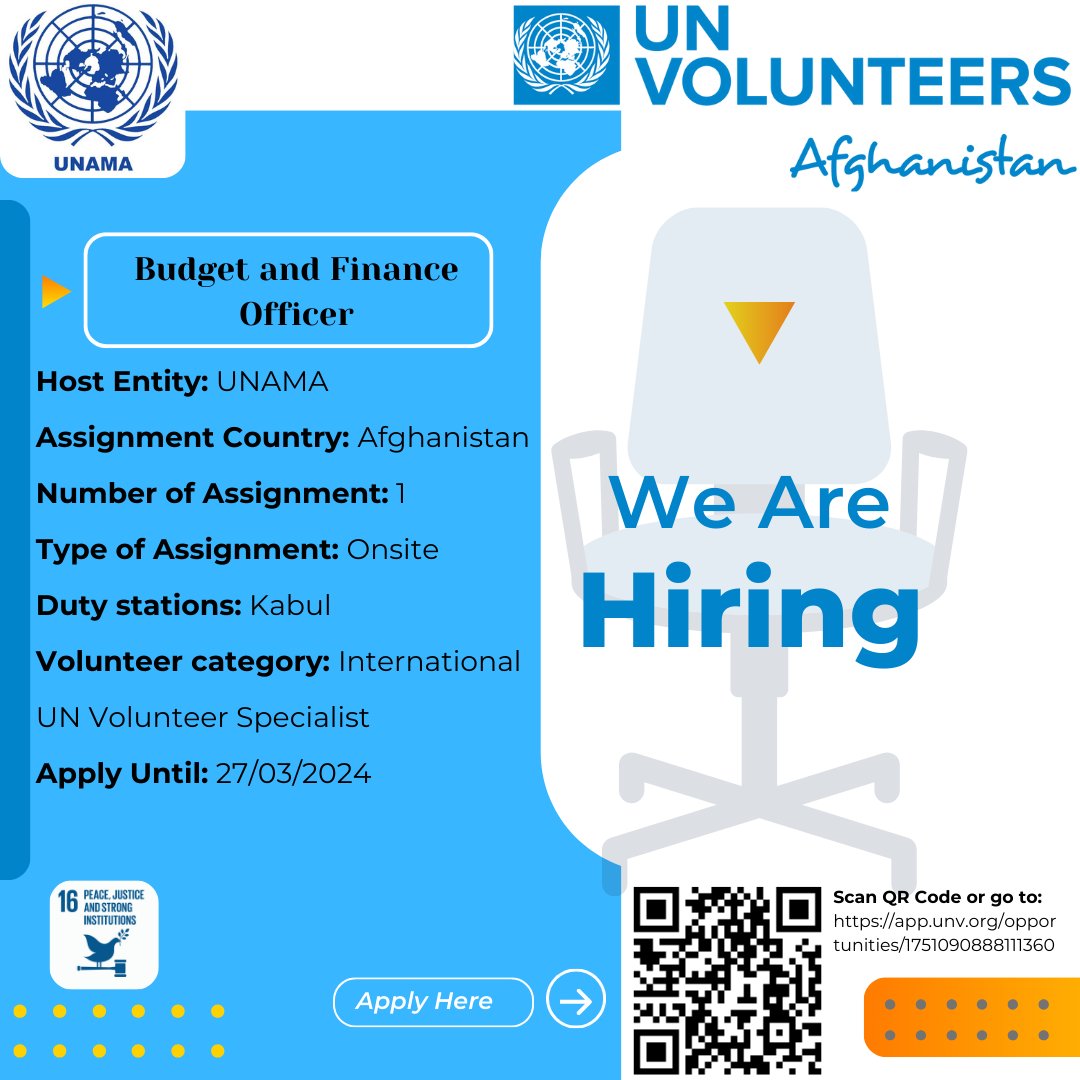 UNAMA Afghanistan is recruiting an International UN Volunteer for the position of Budget and Finance Officer based in Kabul, Afghanistan. Check details and apply if you meet the requirements. app.unv.org/opportunities/… Deadline: 27/03/2024 #Volunteerfor #SDGs