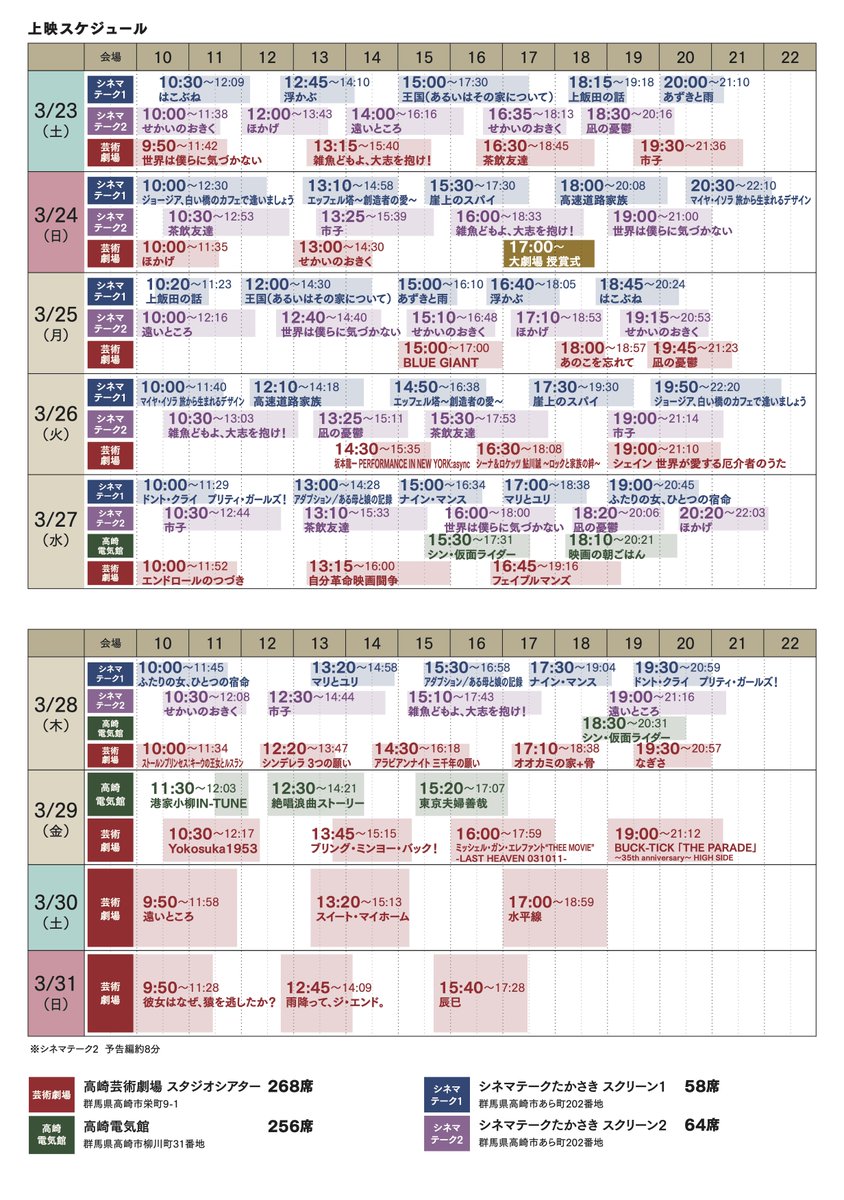 takasakifilmfes's tweet photo. ＼上映スケジュール一覧／
第37回高崎映画祭はいよいよ今週末より開幕！
どの作品を見ようかと悩んでいる方かたへ、上映スケジュールの一覧をお届けします！
どれも自信を持って皆様にお届けする作品たちです。
ぜひ映画祭にお出かけください。
#高崎映画祭 #第37回高崎映画祭 #TFF24上映作品 #TFF24 https://t.co/QTeUZQlCWu