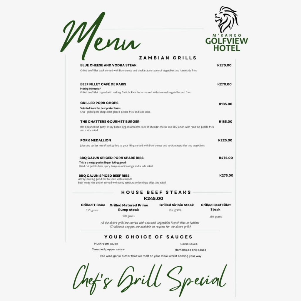 BBQ CAJUN SPARE RIBS or THE CHATTERS GOURMET BURGER? See our Menu & enjoy our Chef’s special on the grill at 10% off; Everyday of the week. #mkangogolfviewhotel #servingyouwithpride #nshima #explore #explorezambia #hotels #lusaka #dinner #fish #menu