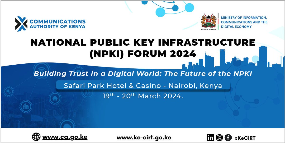 KeCIRT's tweet photo. Join us at the National Public Key Infrastructure (NPKI ) Forum hosted by the @ca_kenya!  We're bringing together cybersecurity experts from Kenya and across Africa to discuss the critical role of digital signatures in today's digital economy. 
#NPKIForum2024 https://t.co/VPWpqckl4B