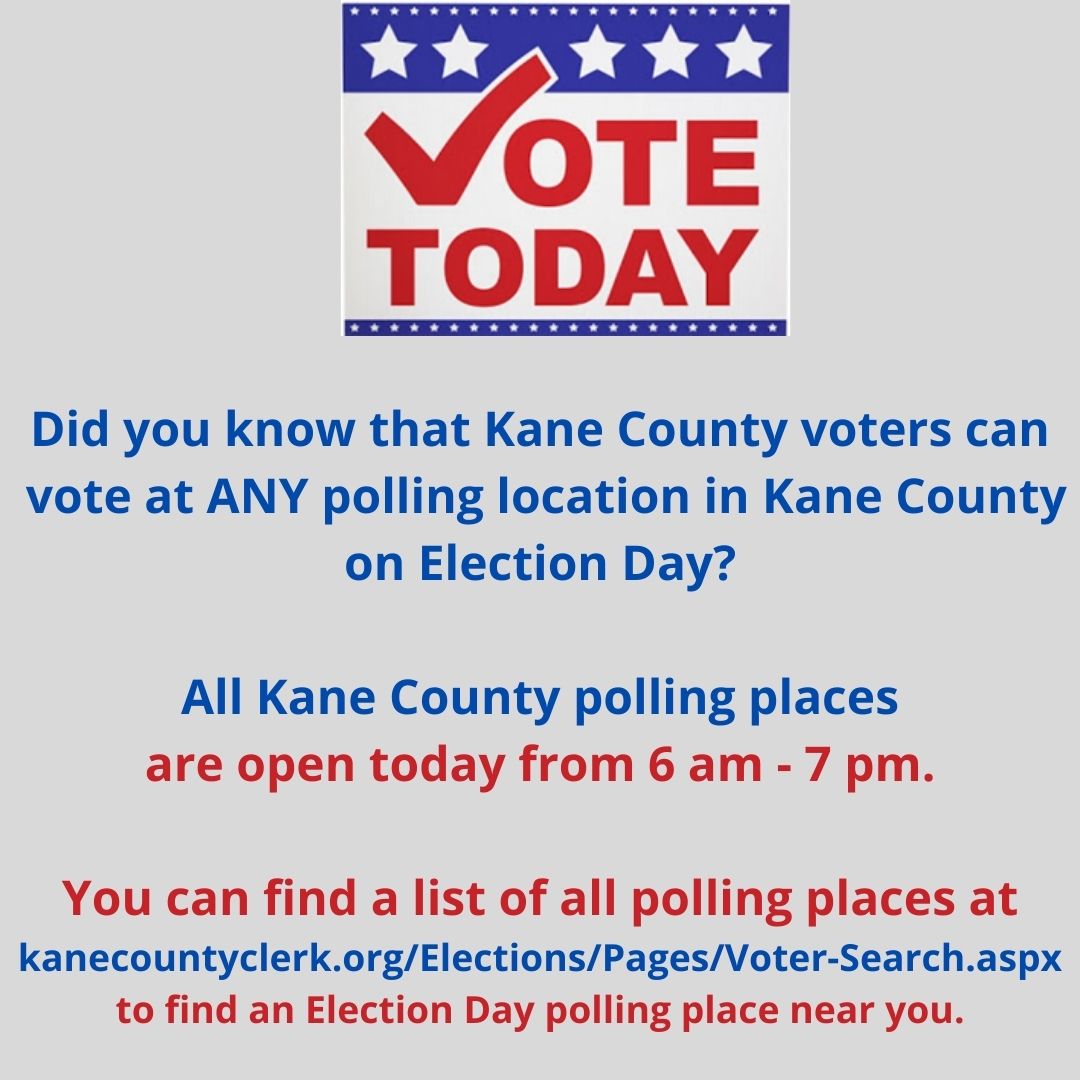 Happy Election Day! Polling places are open until 7pm. #KaneCounty voters can now vote at ANY Election Day polling place in Kane County. You can locate a polling place near you or view a sample ballot at clerk.kanecountyil.gov/Elections/Page… Learn how to vote at clerk.kanecountyil.gov/Elections/Page…