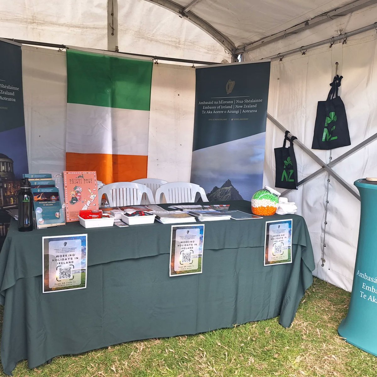 Our Embassy team are all set up at ASB Polyfest in South Auckland to promote Working Holidays in 🇮🇪 - Irish sweets, tea and crisps will be available on first come, first served basis. Bígí linn! 😀