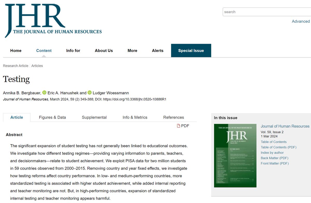 🚨Now out in the @J_HumanResource🚨 'Testing' w/ A. Bergbauer & Rick Hanushek 👉In low-/medium-performing countries, more standardized testing is associated with higher student achievement 👉Different testing regimes have different effects 🔗jhr.uwpress.org/content/59/2/3… A🧵1/10