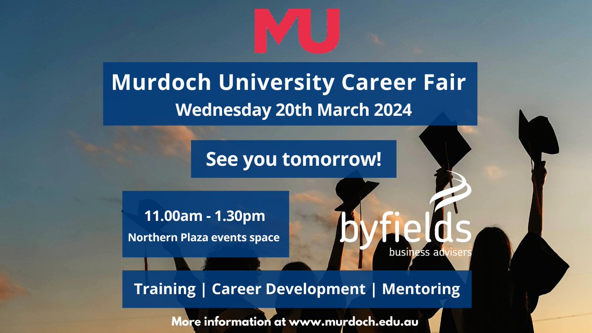 MURDOCH CAREER FAIR |  Byfields will be attending tomorrow. 

Visit us to find out more about career opportunities at Byfields. 

Our team will be available to answer all of your questions.   

#Byfields # MurdochUni #AccountingCareers #WAJobs