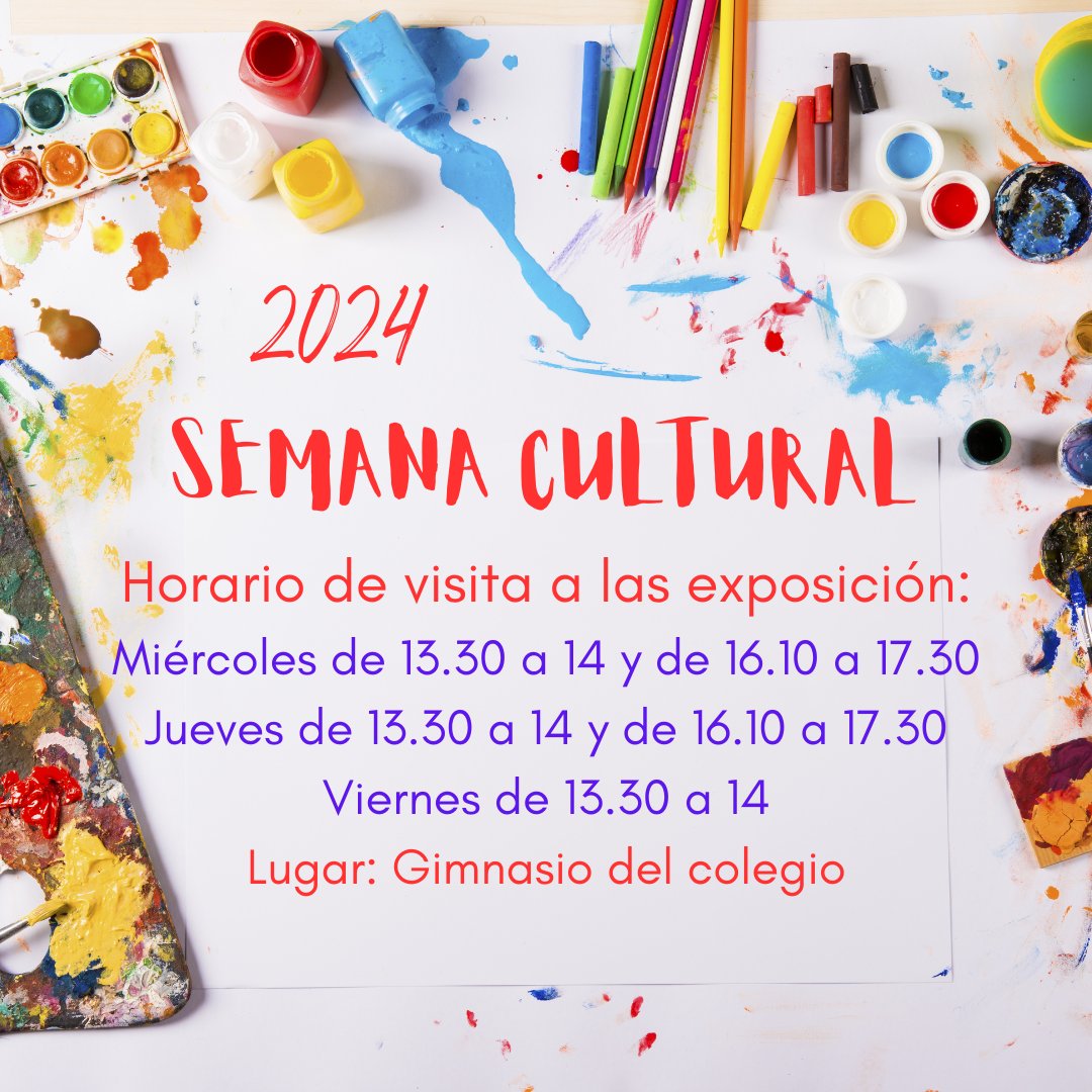 Mañana inauguramos nuestra #semanacultural y queremos invitaros a comprartir con nosotros los fantásticos trabajos que han realizado los alumnos y las alumnas del cole.
Este año la hemos dedicado a la pintura 🖌🎨🖼
Os dejamos el horario en la foto
#proyectosdecentro #ABP