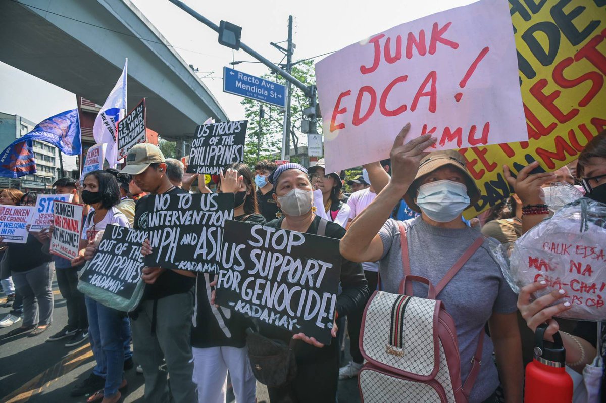Activists hold a protest denouncing the visit of US Secretary of State Antony Blinken in Manila on Tuesday, March 19, 2024. Various groups raised concern about the scheduled meeting of President Ferdinand Marcos Jr. and United States Secretary of State Antony Blinken, who are
