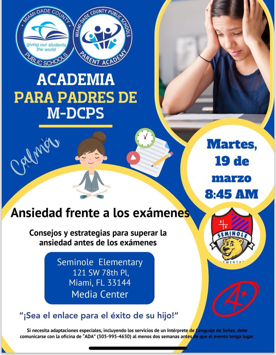 Don’t forget! Test Anxiety Workshop is today, March 19th. Please attend to nurture yourself with important information related to your child’s academic success. Do not miss it! . @MDCPS @MDCPSCentral