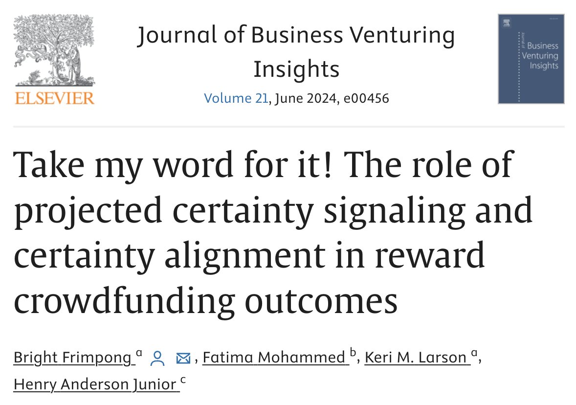 📢 New article What is key for #crowdfunding success? Authors B. Frimpong (@wlunews), F. Mohammed (@unevadareno), K. M. Larson (@wlunews) & H. Anderson Jr. (@Oracle) underscore the critical need for balanced #communication of confidence. 🔗: sciencedirect.com/science/articl…