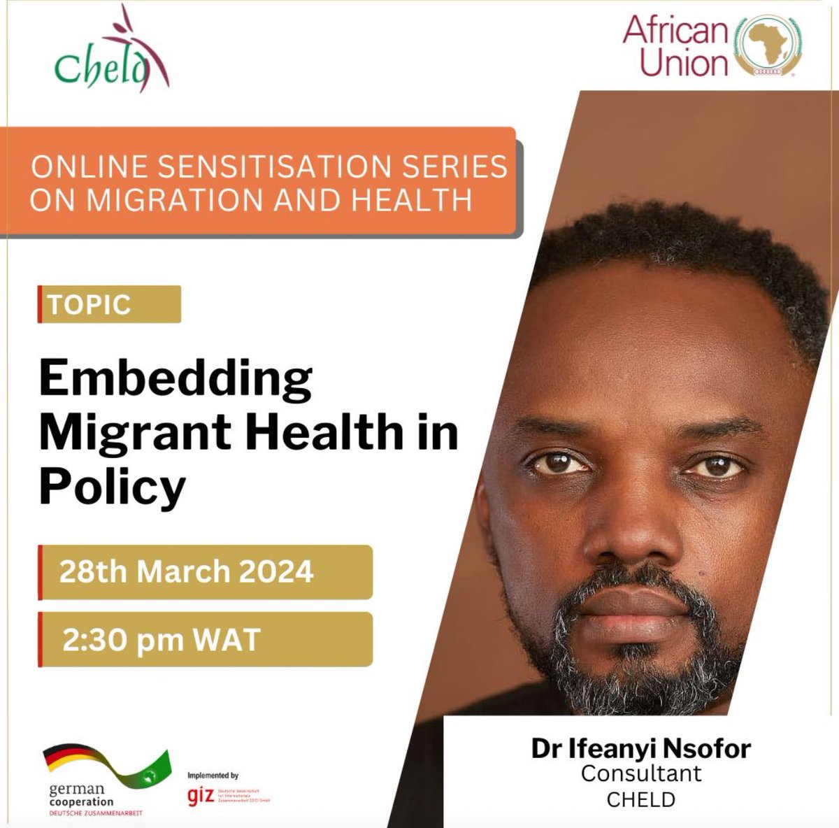ekemma's tweet photo. Join Dr Ifeanyi Nsofor, MD and other recognized professionals for the 7th session of our #MigrationandHealth series titled “Embedding Migrants Health in Policy”.
This session will focus on the need to include the health concerns of migrant populations in policy.
Date: Thursday, 28th March 2024
Time: 2:30 pm WAT
Register here - https://t.co/WoyZ0K9Z9y