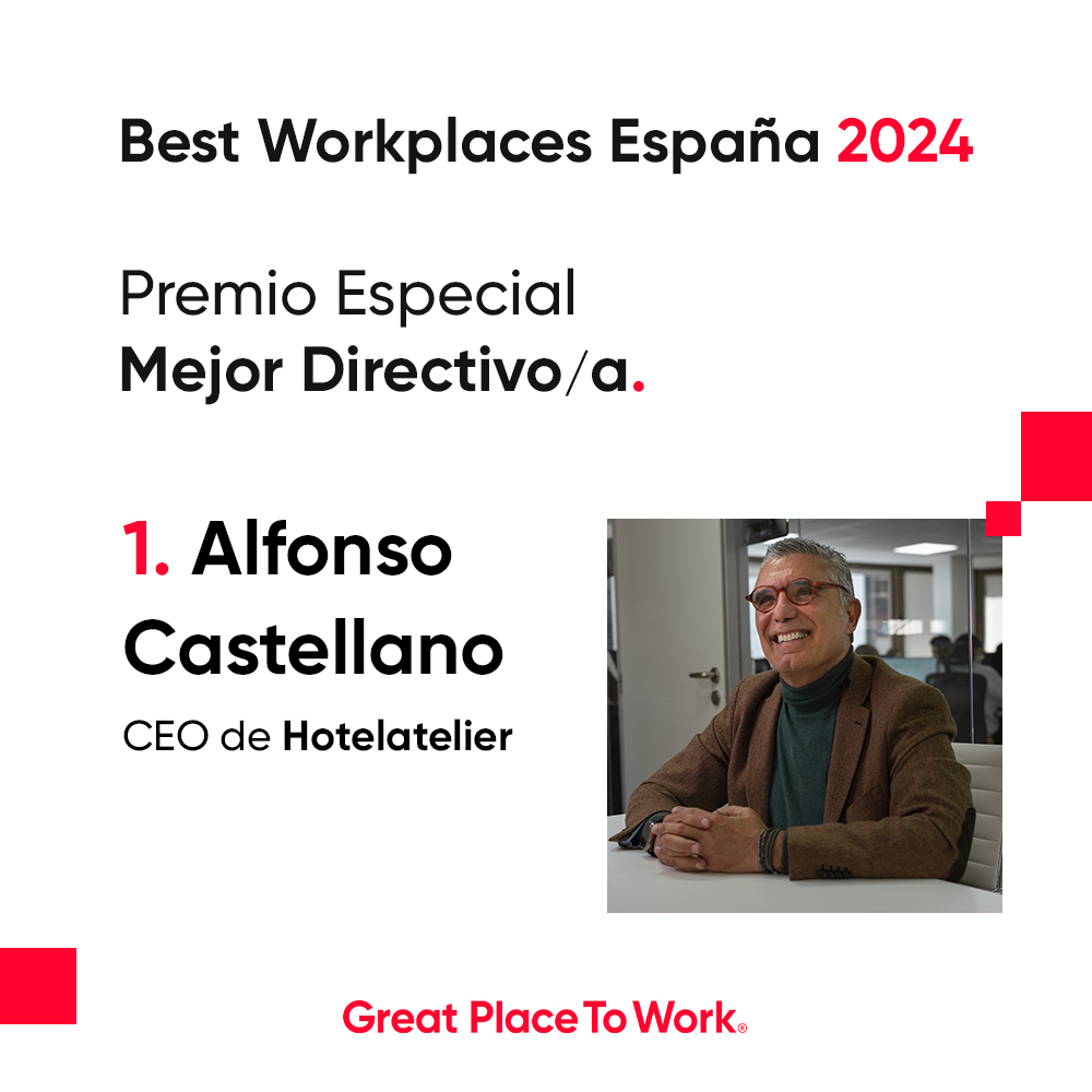 🏆 ¡Alfonso Castellano, CEO de Hotelatelier, elegido Mejor Directivo/a #BestWorkplaces24! Los criterios que utilizamos para identificar al Mejor Directivo/a del año constan de 2 grupos de requisitos y 1 grupo de competencias. #LaMejoresEmpresasparaTrabajar