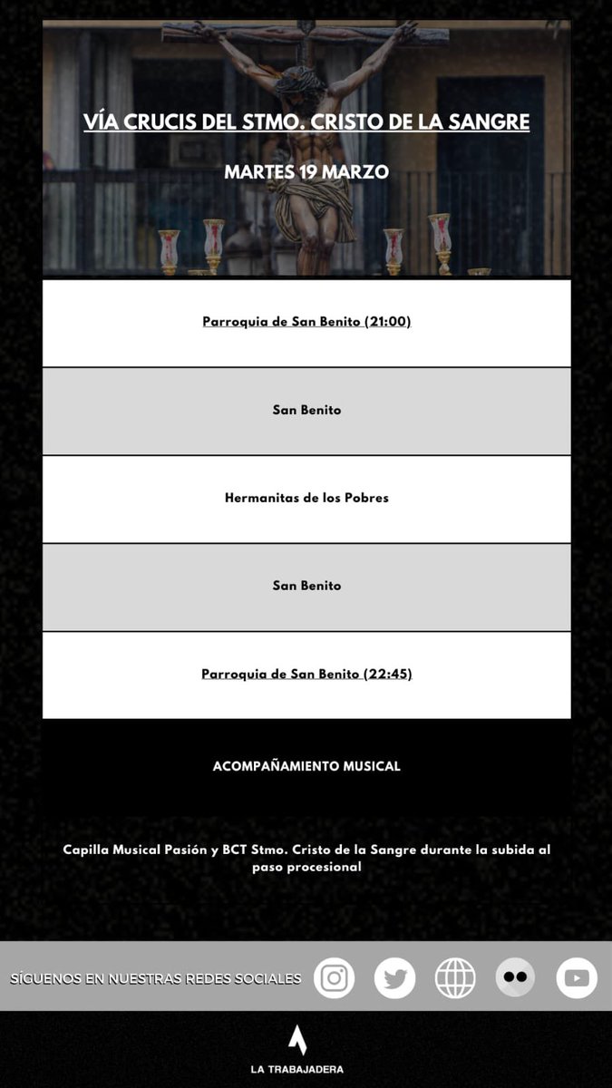 ⛪️ Hoy disfrutaremos del 𝗩𝗜𝗔+𝗖𝗥𝗨𝗖𝗜𝗦 de <a href="/Hdad_SanBenito/">Hermandad San Benito</a> por las calles de su feligresía.

🎼 <a href="/Capilla_Pasion/">Capilla Musical Pasión</a> y <a href="/SangreSanBenito/">Banda del Cristo de la Sangre</a> .

🔗 latrabajaderaweb.com/2024/02/29/sev…

#LaTrabajadera