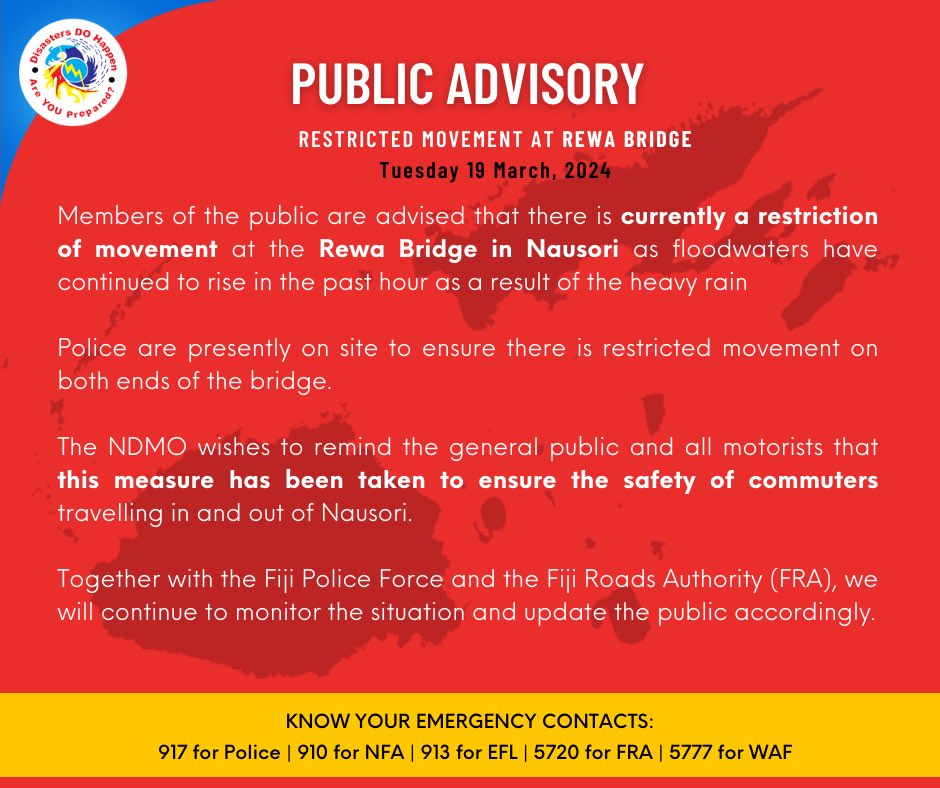🚨PUBLIC ADVISORY Restriction of movement at Rewa Bridge in Nausori Read more⬇️ #FijiNews