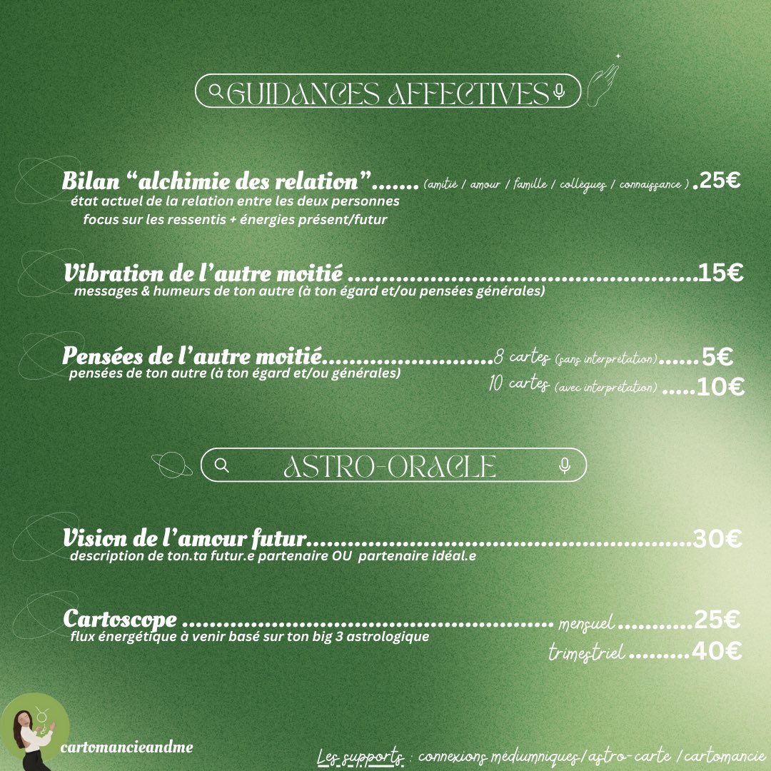 cartomancieNme's tweet photo. 🔮 🧙🏾‍♀️𝘌́𝘚𝘖𝘛𝘌𝘙𝘐𝘚𝘔𝘌 𝘗𝘓𝘈𝘊𝘌🧙🏾‍♀️🔮

🌱𝑃𝑟𝑒𝑠𝑡𝑎𝑡𝑖𝑜𝑛𝑠 &amp; 𝑡𝑎𝑟𝑖𝑓𝑠
🌱𝐶𝑜𝑚𝑚𝑒𝑛𝑡 𝑟𝑒́𝑠𝑒𝑟𝑣𝑒𝑟 ?
ℹ️𝐼𝑛𝑓𝑜𝑠 𝑝𝑟𝑎𝑡𝑖𝑞𝑢𝑒𝑠 
✍🏽𝑅𝑒𝑣𝑖𝑒𝑤𝑠
🗯️𝑃𝑜𝑠𝑡𝑠, 𝑡𝘩𝑟𝑒𝑎𝑑 𝑒𝑡 + https://t.co/P4Na1HH8Av