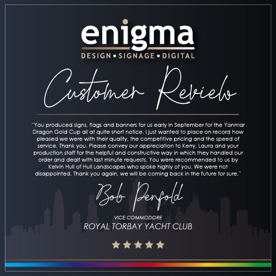 Last year and at short notice we had the pleasure of supplying @RoyalTorbayYC  with signage for the Yanmar Dragon Gold Cup and here is the wonderful review that followed! 🐉🏆

Thank you to Hulls Landscapes for recommending us! 🤗 #HappyCustomer #CustomerReview