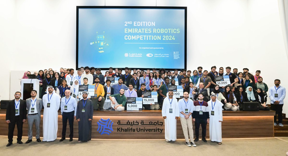 DubaiFuture's tweet photo. Over 200 students showcased their creativity by designing and creating recycling robots in the second Emirates Robotics Competition. This event was organized by Dubai Future Labs, in collaboration with Khalifa University and Rochester Institute of Technology. How do you think such competitions inspire innovation among students? #DubaiFuture