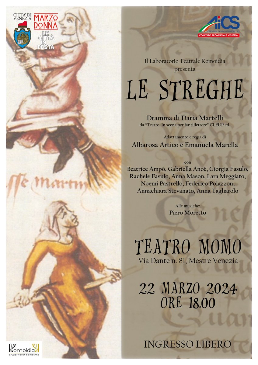 cultve's tweet photo. #marzodonna2024 #Lestreghe, uno spettacolo che si fonda su alcune testimonianze durante i processi per stregoneria alla ricerca di tracce che i persecutori vollero occultare e travisare.
#22marzo #TeatroMomo ⤵
https://t.co/KFNO706EsJ
@comunevenezia @CMVenezia @veneziaunica https://t.co/84aw5QSYIo