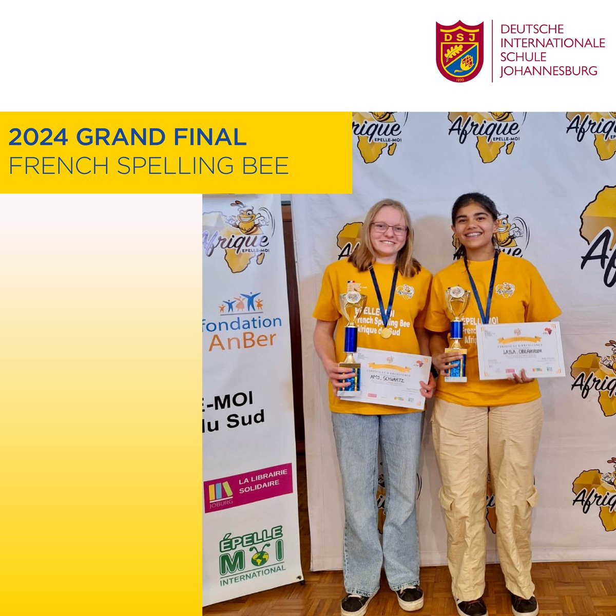 Congratulations to @DSJ_School's Amy Schwartz (11a) and Layla Oberholzer (11b), for their outstanding performances in reaching 2nd and 3rd places respectively, in this year's French spelling bee competition 'Épelle-Moi Afrique du Sud'. #EinsatzDSJ #StrongerTogether