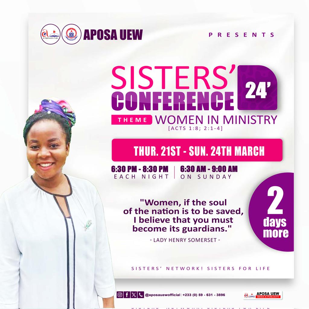 aposa_uew's tweet photo. Do you know that women over the years have played crucial roles in the propagation of the gospel of Christ?
Be our Special Guest for this year's SISTERS CONFERENCE under the theme "Women in Ministry" 😍🙇🏿👩🏿⚕️👸🏿
#SistersConference
#WomenInMinistry
#aposauew https://t.co/bShy3xgjLs