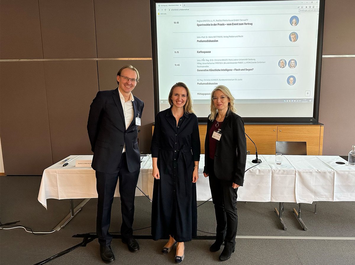 Had a great time at 'Fachtagung für Urheberrecht: Arbeitskreis #Urheberrecht'-a prominent conf. on #copyrightlaw in #Austria. w/ Anna Katharina Tipotsch+Alexander Pabst, we covered #GenAI from both tech and #copyright angles. Informative+entertaining! 😊 arbeitskreis-urheberrecht.at