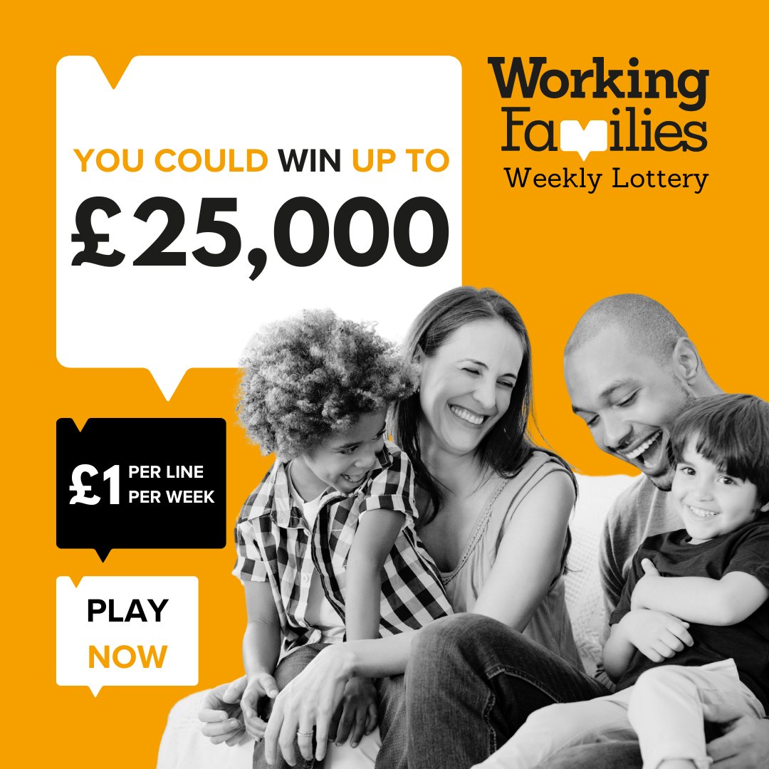 Looking for a fun way to support Working Families? Enter our NEW weekly lottery! 

From just £1 per week, you’ll be in with a chance of winning up to £25,000 every single Friday.

Play now: loom.ly/fx8i_fg