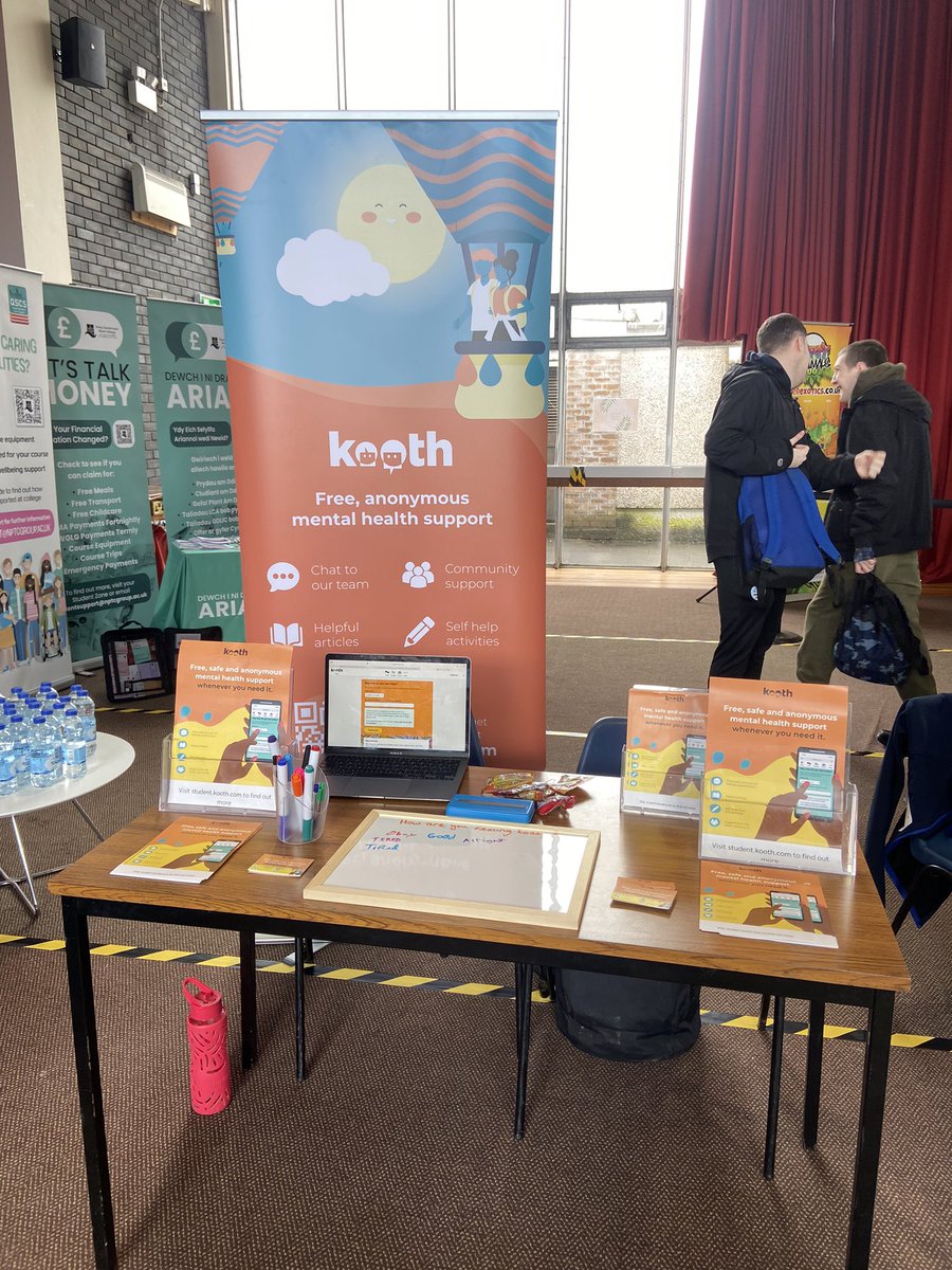 Back at <a href="/NPTCGroup/">Grŵp Colegau NPTC Group of Colleges</a> today but at Neath College for their wellbeing festival, here til 2pm!

Always great to see student.kooth.com posters around the college too!

#NPTC #KoothStudent #mentalhealth
