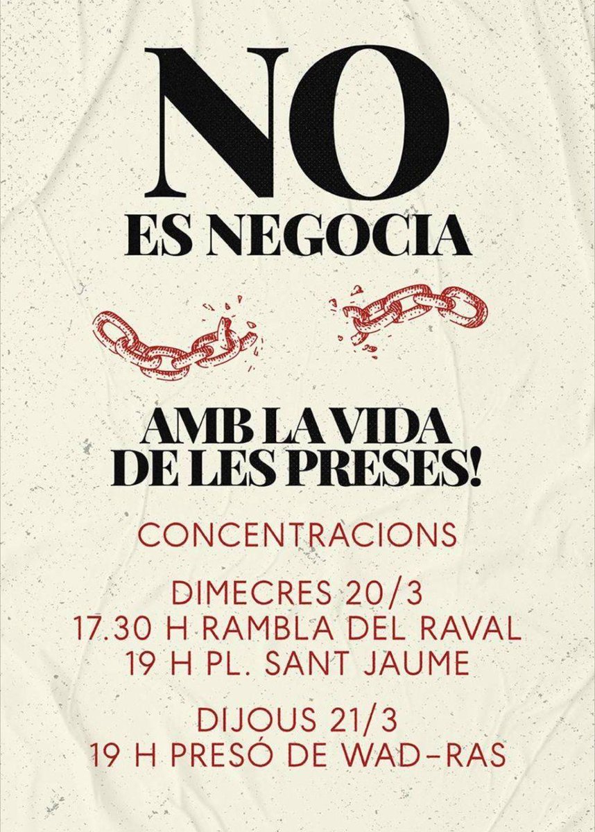💥 Ni un dia sense plantar cara a qui instrumentalitza la tortura, sortim al carrer en solidaritat amb les preses! 

📢 Concentracions dimecres 20/03 i dijous 21/03 contra la situació d'aïllament total des de fa una setmana.

A terra els murs!!🔥
