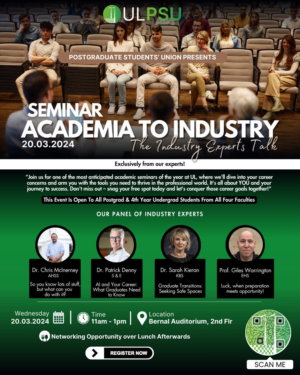 Join us for an informative seminar “Academia To Industry”, where @UL experts will address your career concerns head-on. Light lunch afterwards – reserve your spot today forms.gle/h8HnAqbJELXsPG… @UL_GPS @DocCollegeUL @BernalNews @ULGlobal @ULLibrary @UL_StudentLife