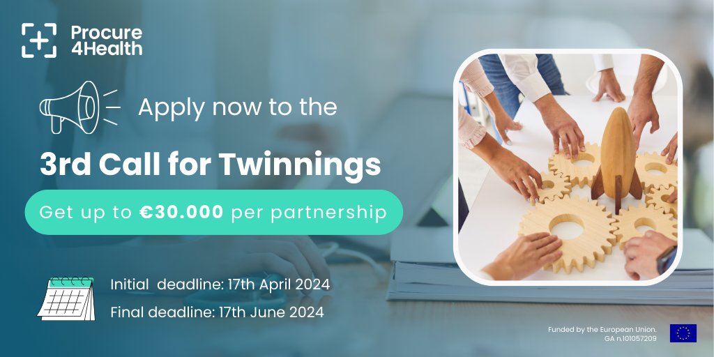 📣 Procure4Health is looking for public &amp; private healthcare procurers to support experiences and lessons learnt exchange!
💰Grants up to €30.000
🤝Access to the Matchmaking tool
🎓Knowledge sharing
⚙Adoption of innovation procurement practices
➕ Info: procure4health.eu/3rd-call-for-t…