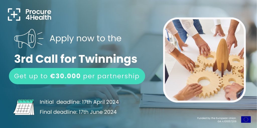 📣 Procure4Health is looking for public & private healthcare procurers to support experiences and lessons learnt exchange! 💰Grants up to €30.000 🤝Access to the Matchmaking tool 🎓Knowledge sharing ⚙Adoption of innovation procurement practices ➕ Info: procure4health.eu/3rd-call-for-t…