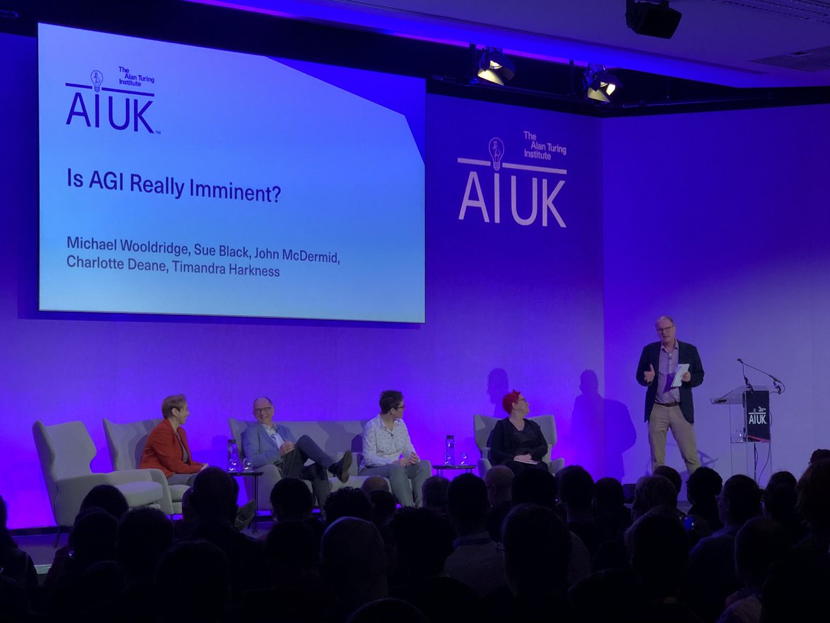 Is Artificial General Intelligence Really Imminent ? Panel @turinginst #AIUK conference packed out, standing room only! Everyone wants to know the answer… (beyond ‘42’).