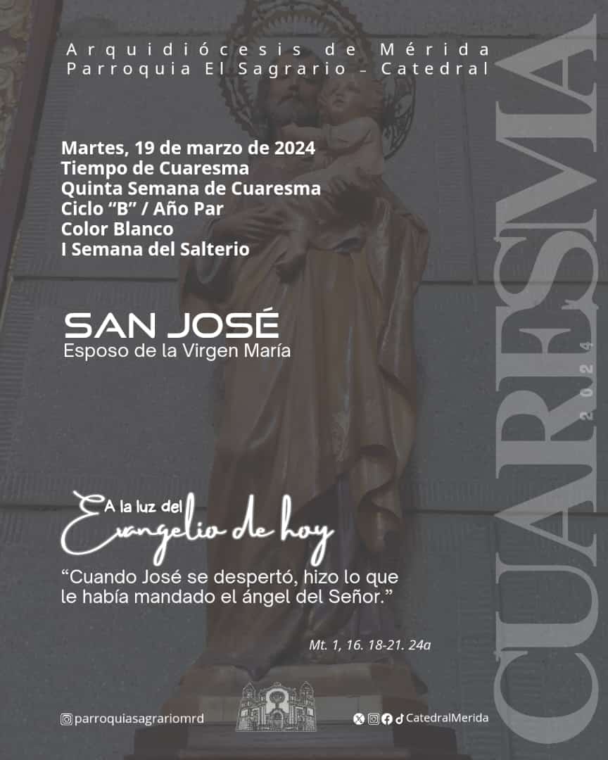 CatedralMerida's tweet photo. Hoy celebramos a San José, Patrono Universal de la Iglesia, el Evangelio de hoy nos deja ver la bondad del Corazón de José ante el embarazo de María.  Supliquemos al Señor nos conceda recurrir a Él y escuchar su voz, y así ser parte de su Plan de Salvación. Amén. https://t.co/RLAQlETX6Y