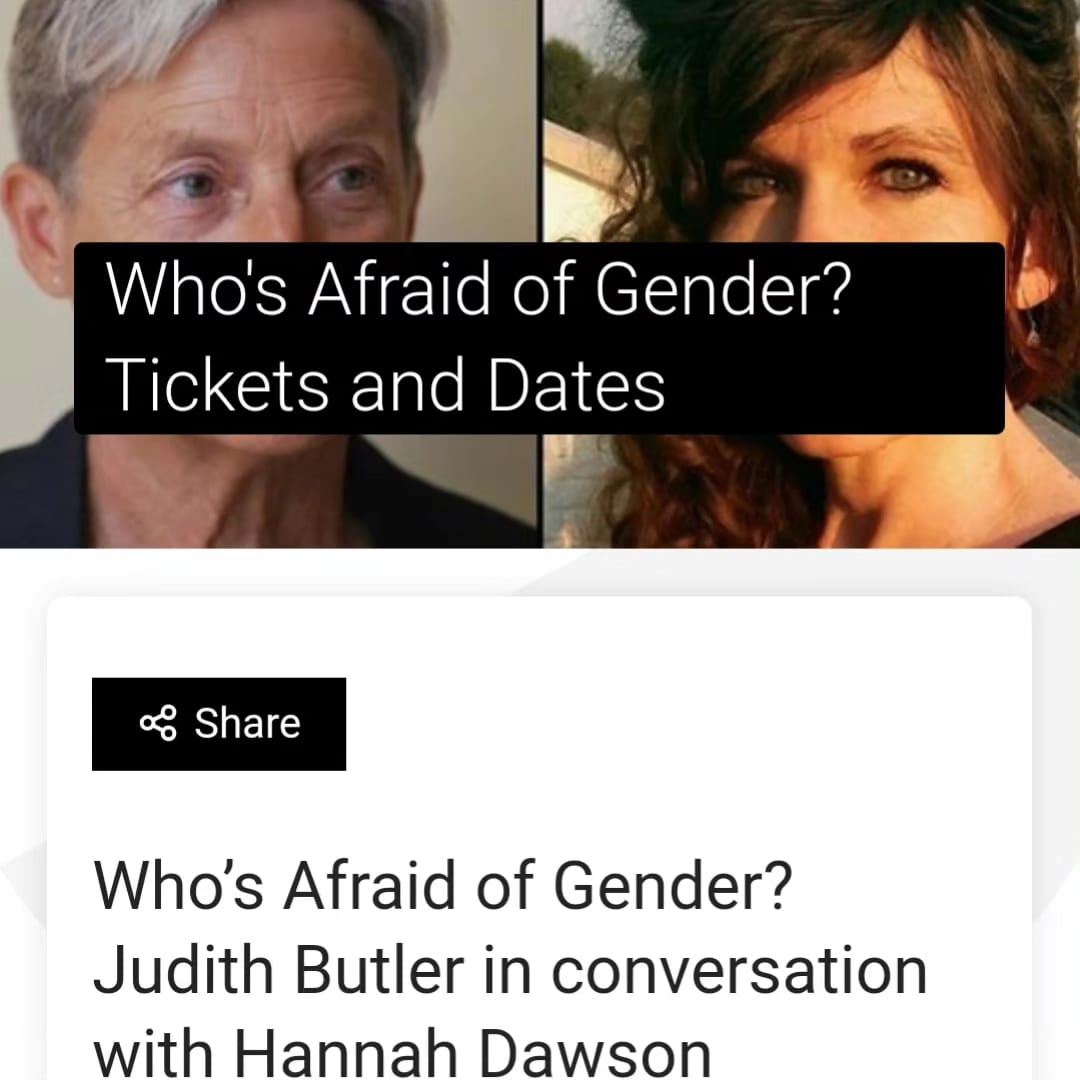 Today! I am so looking forward to talking with Judith Butler about their brilliant book and the task of producing 'a world in which we can move and breathe and love without fear of violence' @britishlibrary #judithbutler #whosafraidofgender