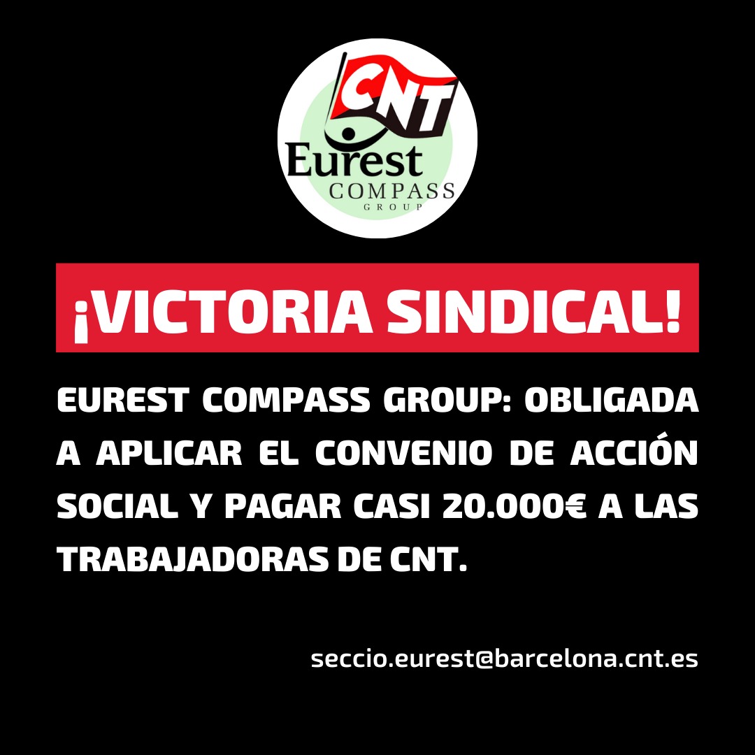 Victoria Sindical📢Finalmente el TSJ obliga a #Eurest <a href="/CompassGroupES/">Compass Group España</a> ha aplicar el convenio del Sector Social a las trabajadoras de Comedores Sociales del <a href="/bcn_ajuntament/">Ajuntament de Barcelona</a>. 

🔴⚫️Reivindicación defendida desde la Sección Sindical de #CNT desde 2021.

Lo explicamos 👇