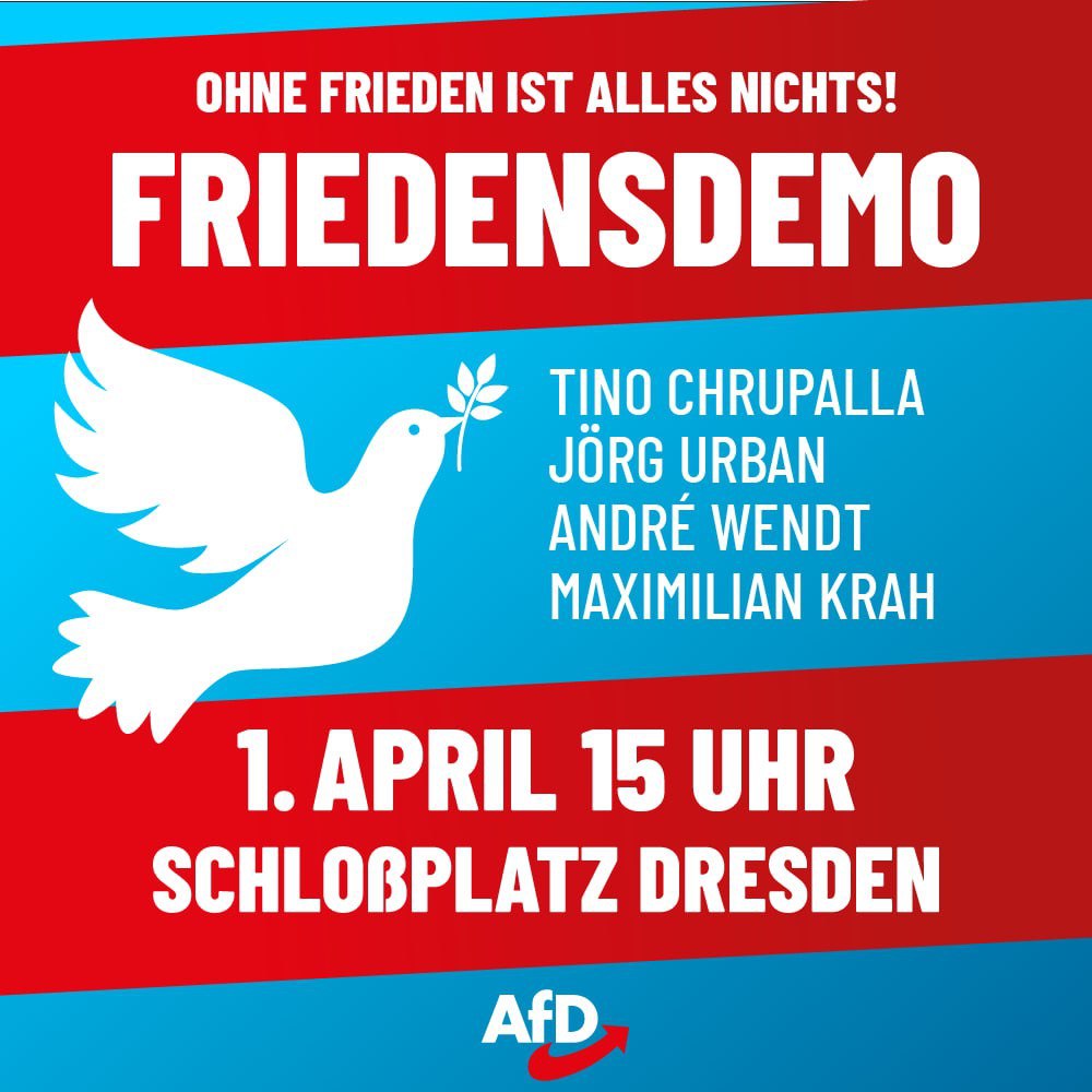 +++ OHNE #FRIEDEN IST ALLES NICHTS! +++

Wir sehen uns am Montag, den 01.04.24 um 15 Uhr auf dem Schlossplatz in #Dresden! Auch unser #AfD Bundessprecher Tino #Chrupalla und weitere hochkarätige Redner sind mit dabei! #DD0104 

Glückauf! 

Ihr Thomas #Thumm