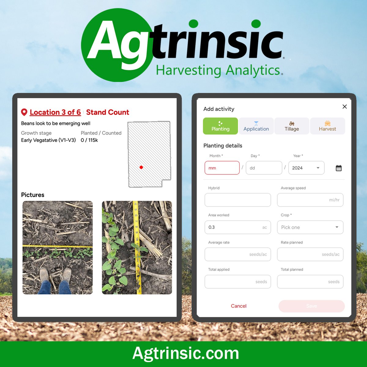 Spring into replant decisions with Agtrinsic, and find out how your stand count compares to planting! Agtrinsic.com.
  
#HarvestingAnalytics #AgTech #AgDay #AgDay24
